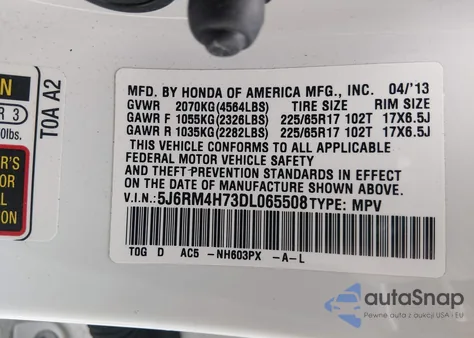 2013 Honda Cr-V Ex-L из США, поврежденный, VIN 5J6RM4H73DL065508